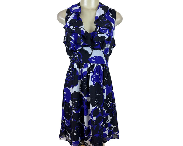 Trulli Women’s Blue Floral Sleeveless A-Line Dress With Ruffled Neckline Sz M