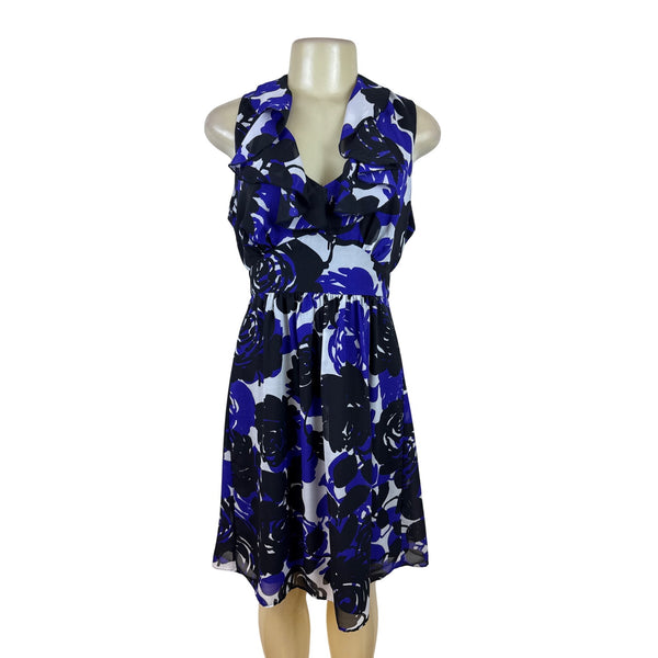 Trulli Women’s Blue Floral Sleeveless A-Line Dress With Ruffled Neckline Sz M