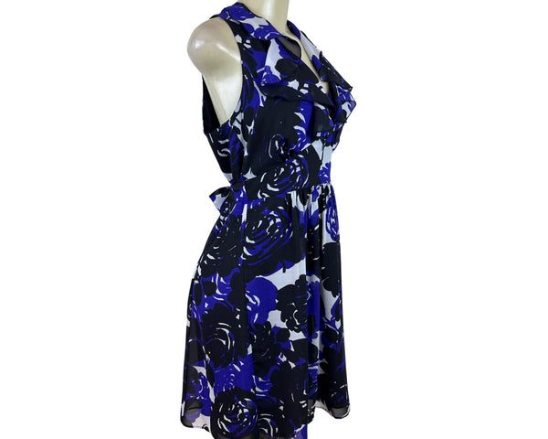 Trulli Women’s Blue Floral Sleeveless A-Line Dress With Ruffled Neckline Sz M