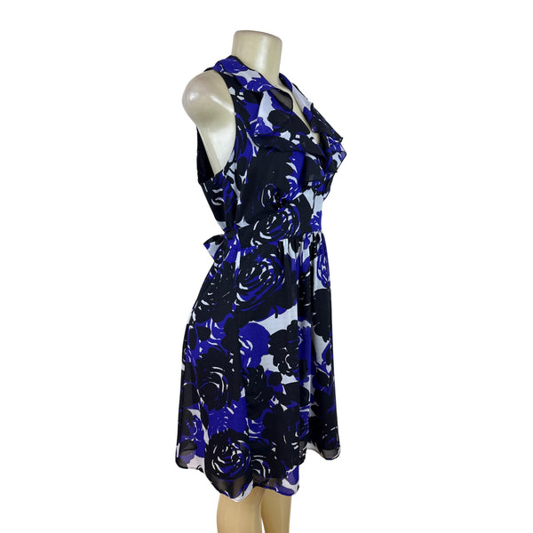 Trulli Women’s Blue Floral Sleeveless A-Line Dress With Ruffled Neckline Sz M