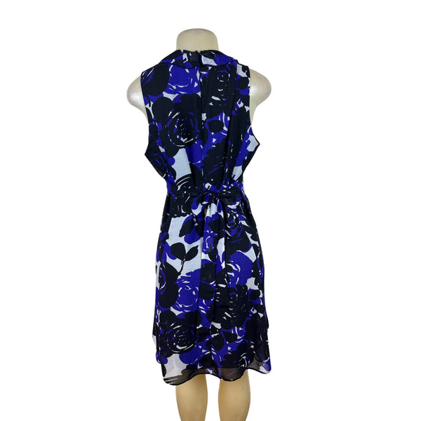 Trulli Women’s Blue Floral Sleeveless A-Line Dress With Ruffled Neckline Sz M