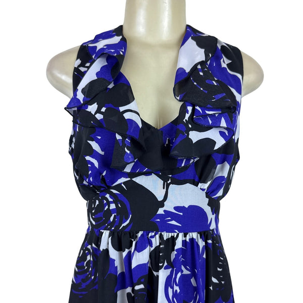 Trulli Women’s Blue Floral Sleeveless A-Line Dress With Ruffled Neckline Sz M