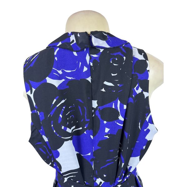 Trulli Women’s Blue Floral Sleeveless A-Line Dress With Ruffled Neckline Sz M