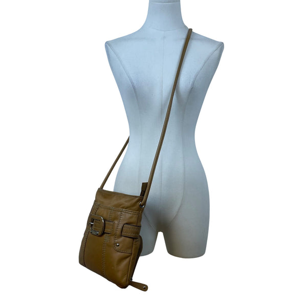 Tignanello Women's Tan Brown Leather Buckle Accent Front Pocket Crossbody Bag