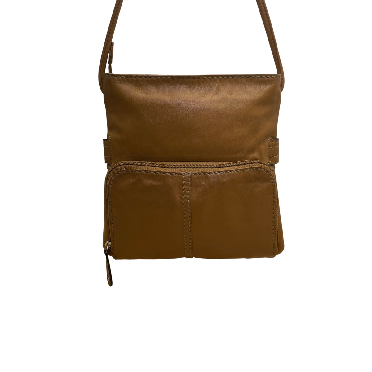 Tignanello Women's Tan Brown Leather Buckle Accent Front Pocket Crossbody Bag