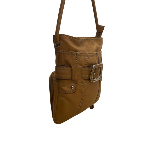 Tignanello Women's Tan Brown Leather Buckle Accent Front Pocket Crossbody Bag