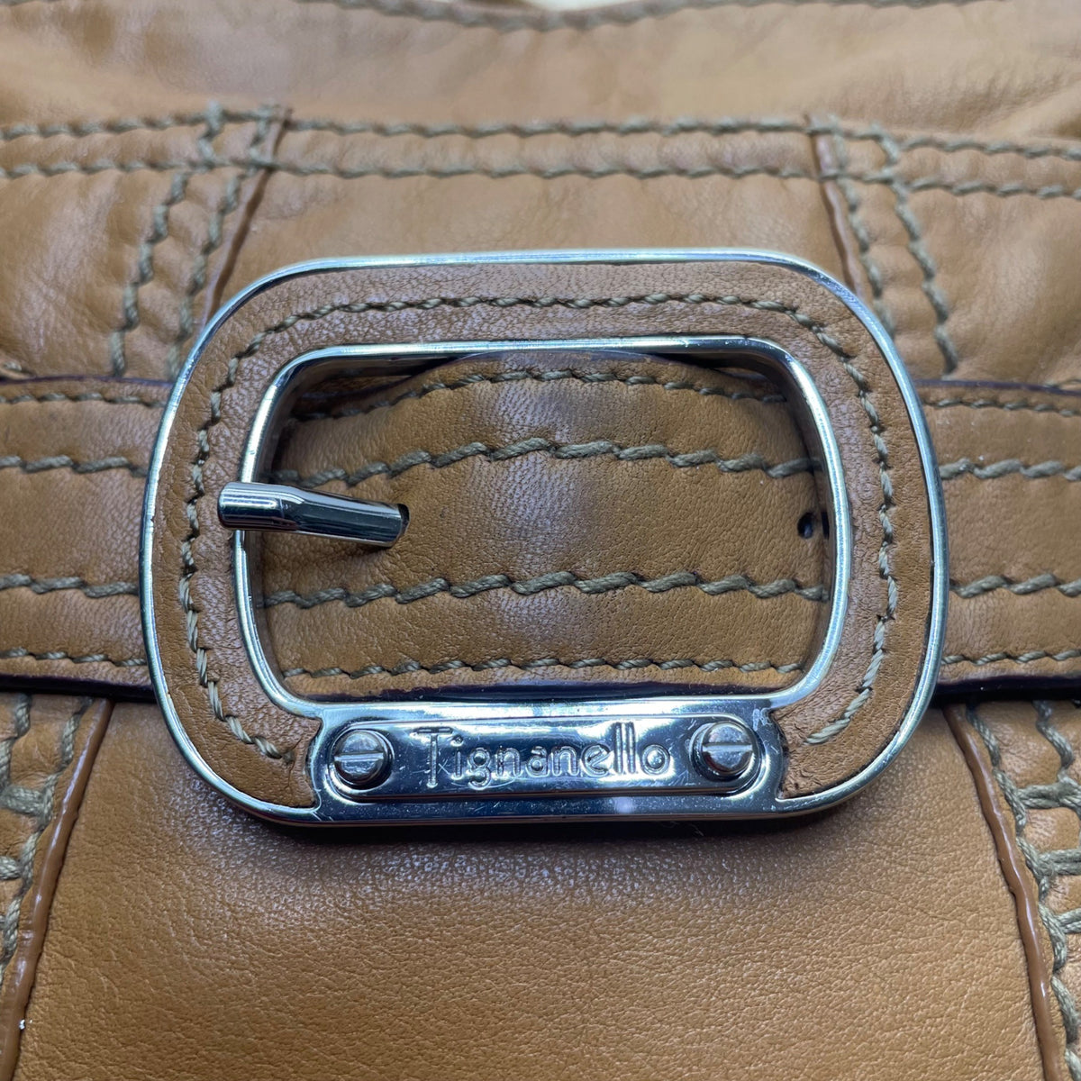 Tignanello Women's Tan Brown Leather Buckle Accent Front Pocket Crossbody Bag