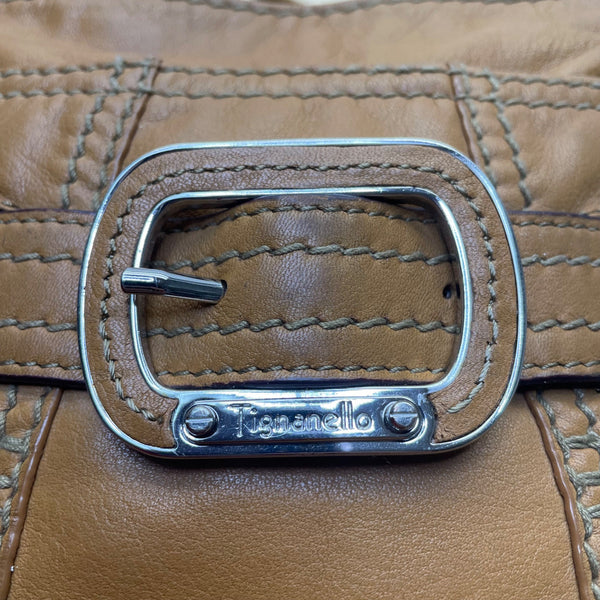 Tignanello Women's Tan Brown Leather Buckle Accent Front Pocket Crossbody Bag