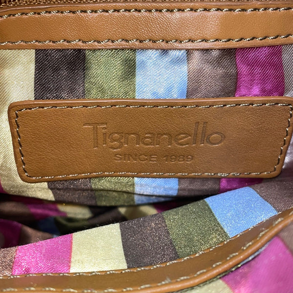 Tignanello Women's Tan Brown Leather Buckle Accent Front Pocket Crossbody Bag