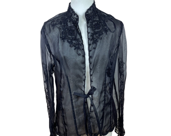 Vintage Sheer Black Lace Beaded Women’s Long-Sleeve Tie-Front Blouse