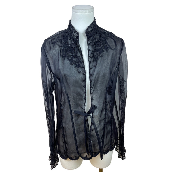 Vintage Sheer Black Lace Beaded Women’s Long-Sleeve Tie-Front Blouse