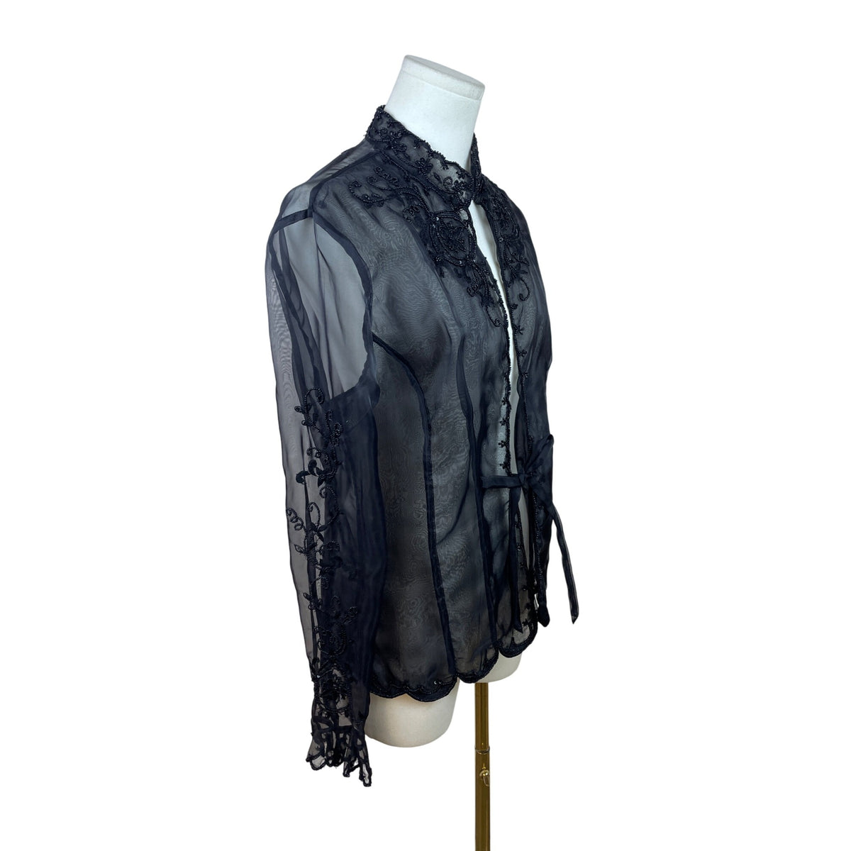 Vintage Sheer Black Lace Beaded Women’s Long-Sleeve Tie-Front Blouse