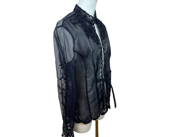 Vintage Sheer Black Lace Beaded Women’s Long-Sleeve Tie-Front Blouse