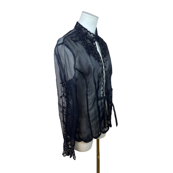 Vintage Sheer Black Lace Beaded Women’s Long-Sleeve Tie-Front Blouse