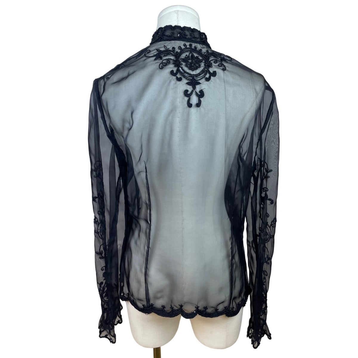 Vintage Sheer Black Lace Beaded Women’s Long-Sleeve Tie-Front Blouse