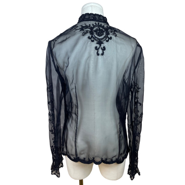 Vintage Sheer Black Lace Beaded Women’s Long-Sleeve Tie-Front Blouse