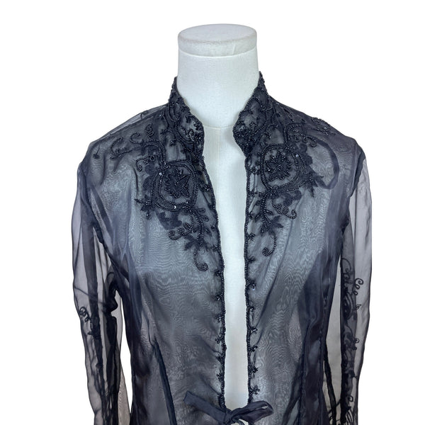 Vintage Sheer Black Lace Beaded Women’s Long-Sleeve Tie-Front Blouse