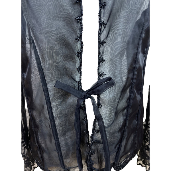 Vintage Sheer Black Lace Beaded Women’s Long-Sleeve Tie-Front Blouse