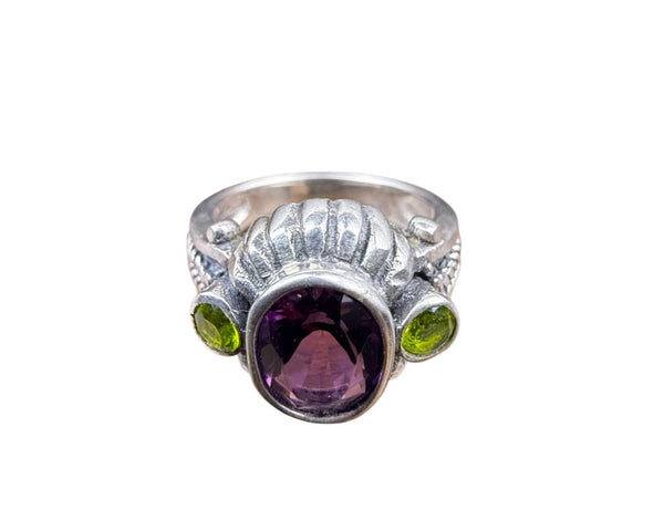 Sterling Silver Womens Amethyst Green Peridot Ring Intricate Design Size 7