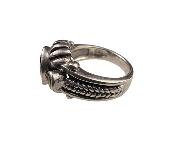 Sterling Silver Womens Amethyst Green Peridot Ring Intricate Design Size 7