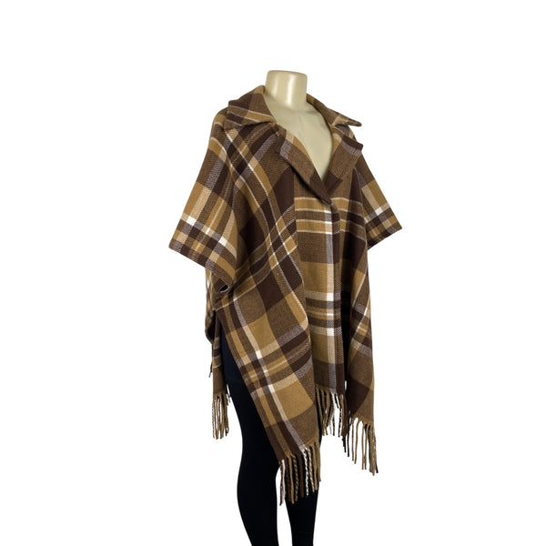 Marc New York Women's Brown & Tan Plaid Poncho Cape With Collar One Size