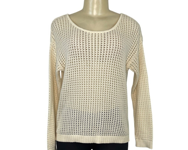 Jeanne Pierre Cream Open Knit Cotton Sweater With Back Zipper Detailing Sz S