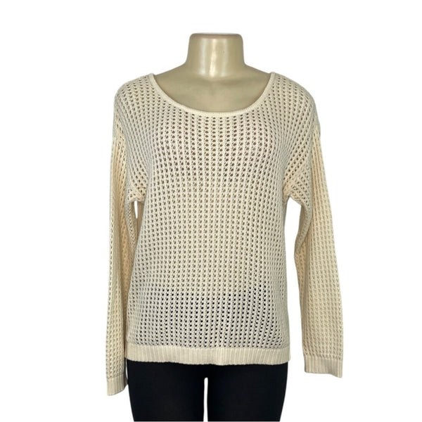 Jeanne Pierre Cream Open Knit Cotton Sweater With Back Zipper Detailing Sz S