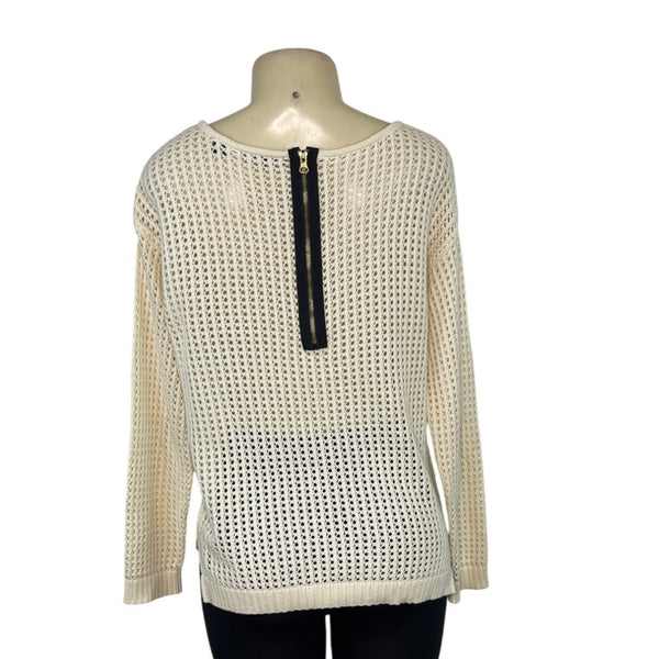 Jeanne Pierre Cream Open Knit Cotton Sweater With Back Zipper Detailing Sz S