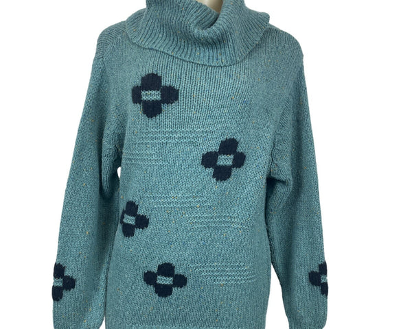 Chunky Knit Turquoise Sweater With Black Patterned Crosses & Cowl Neck Sz M/L