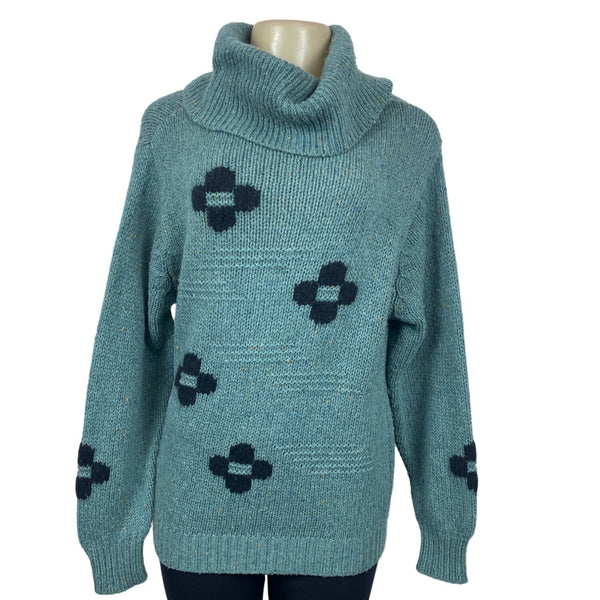Chunky Knit Turquoise Sweater With Black Patterned Crosses & Cowl Neck Sz M/L