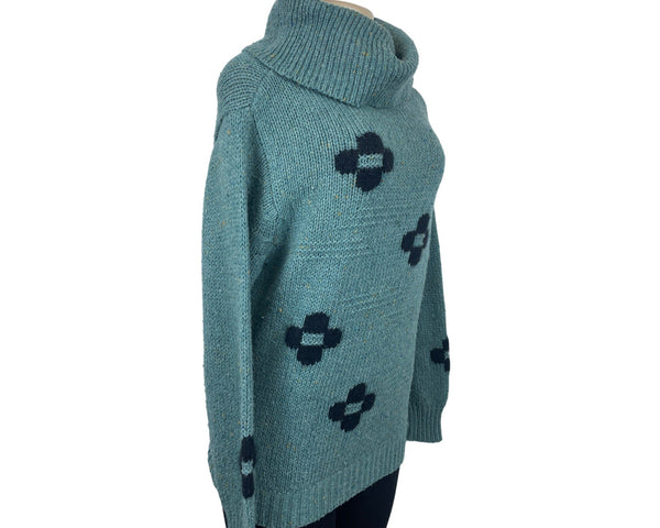 Chunky Knit Turquoise Sweater With Black Patterned Crosses & Cowl Neck Sz M/L