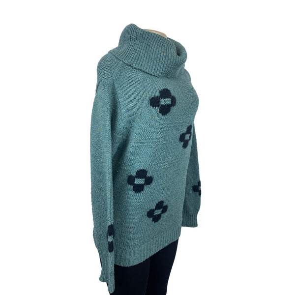 Chunky Knit Turquoise Sweater With Black Patterned Crosses & Cowl Neck Sz M/L