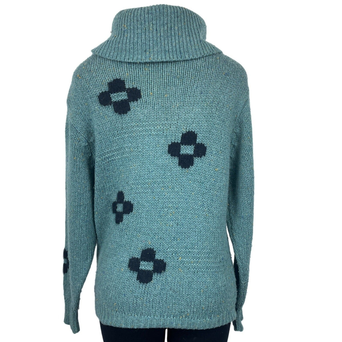 Chunky Knit Turquoise Sweater With Black Patterned Crosses & Cowl Neck Sz M/L