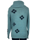 Chunky Knit Turquoise Sweater With Black Patterned Crosses & Cowl Neck Sz M/L