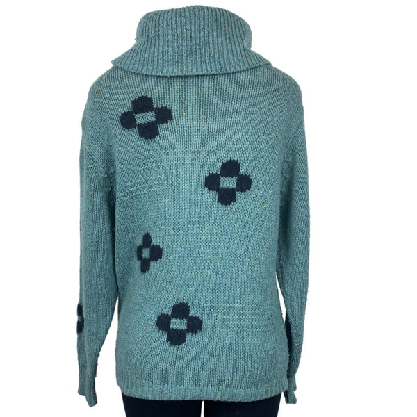 Chunky Knit Turquoise Sweater With Black Patterned Crosses & Cowl Neck Sz M/L