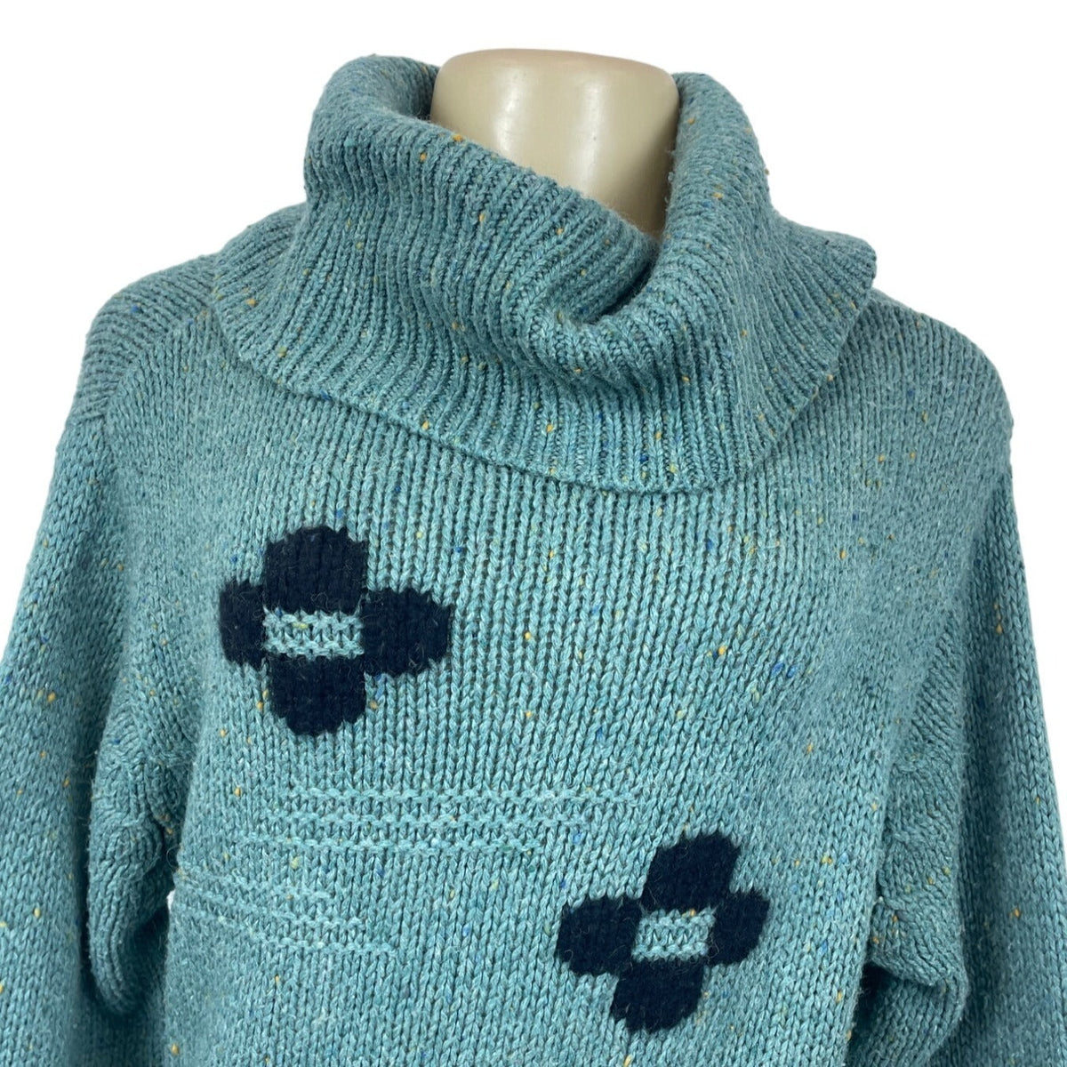 Chunky Knit Turquoise Sweater With Black Patterned Crosses & Cowl Neck Sz M/L