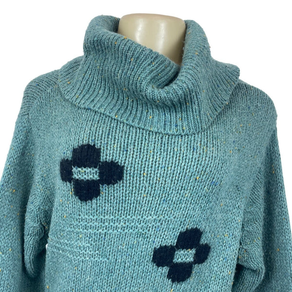 Chunky Knit Turquoise Sweater With Black Patterned Crosses & Cowl Neck Sz M/L