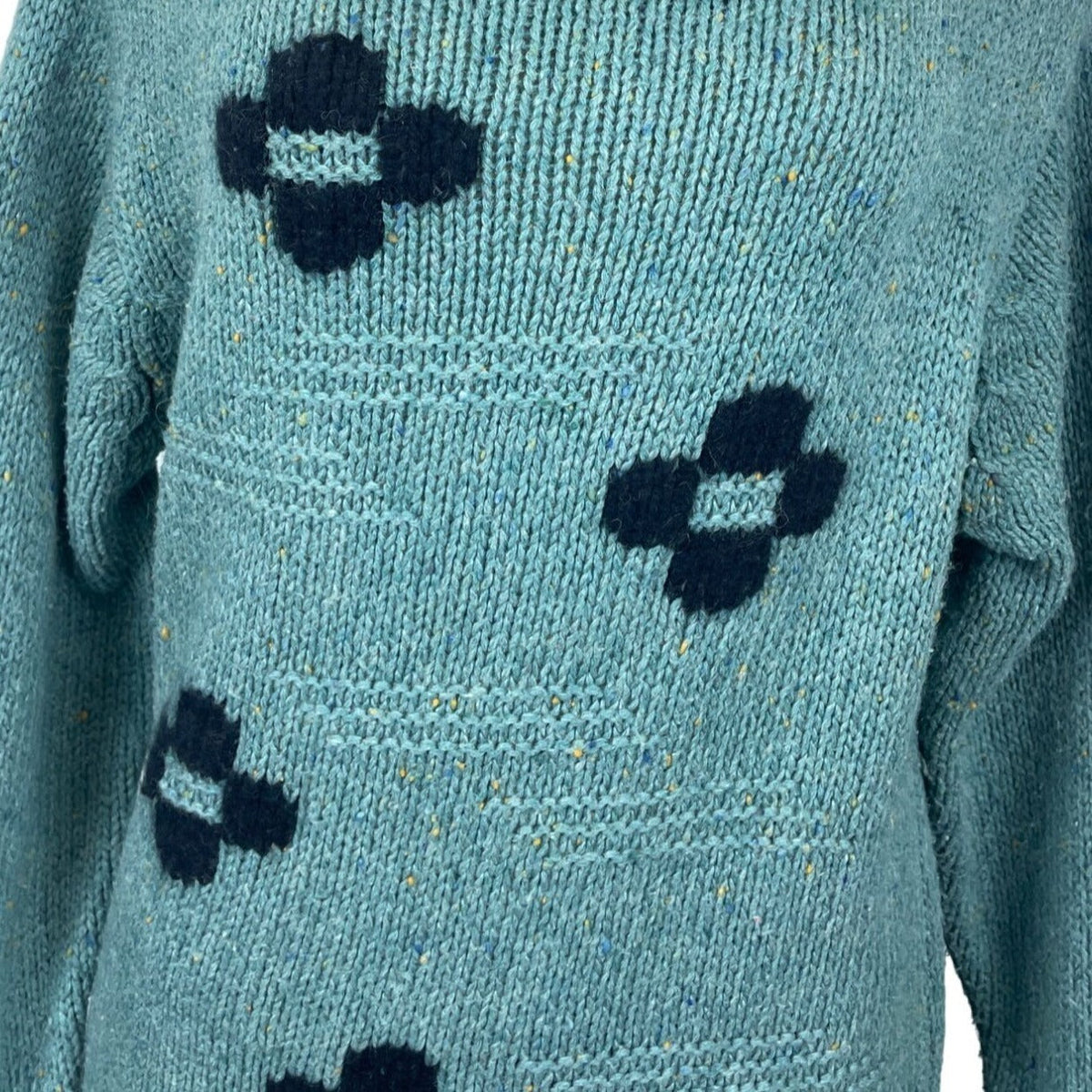 Chunky Knit Turquoise Sweater With Black Patterned Crosses & Cowl Neck Sz M/L