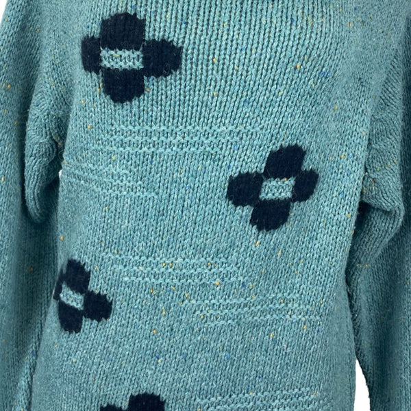 Chunky Knit Turquoise Sweater With Black Patterned Crosses & Cowl Neck Sz M/L