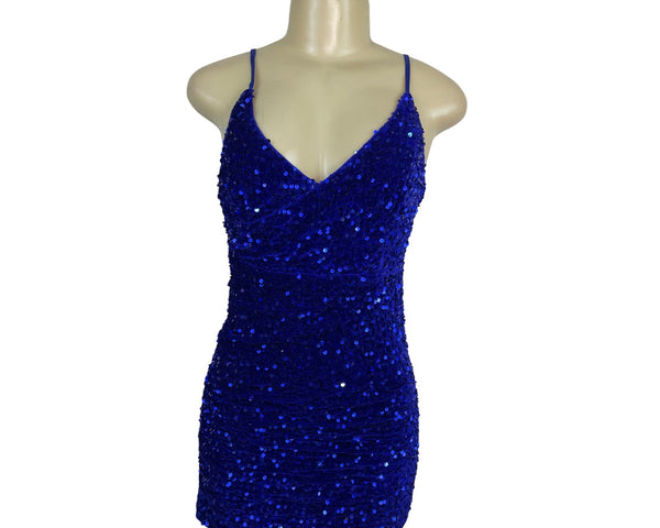 JJ’s House Women’s Royal Blue Sequin Mini Dress With Spaghetti Straps Sz S - New