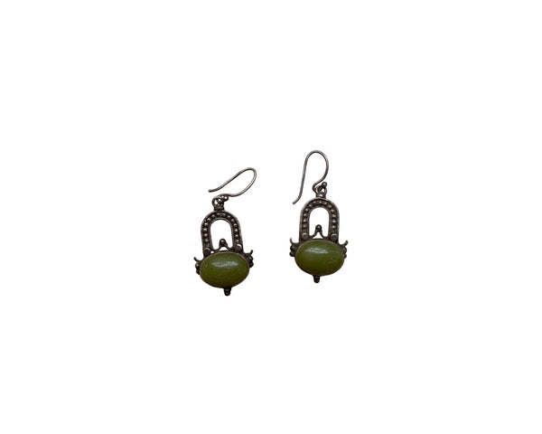 Antique Bronze & Green Dangle Earrings With Oval Stone Accent