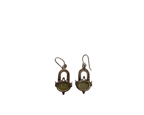 Antique Bronze & Green Dangle Earrings With Oval Stone Accent