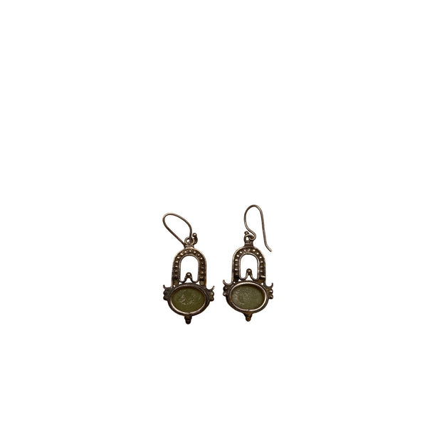 Antique Bronze & Green Dangle Earrings With Oval Stone Accent