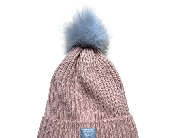 Womens Ribbed Knit Peach GH Bass and Co Beanie Hat With Faux Fur Pom One Size