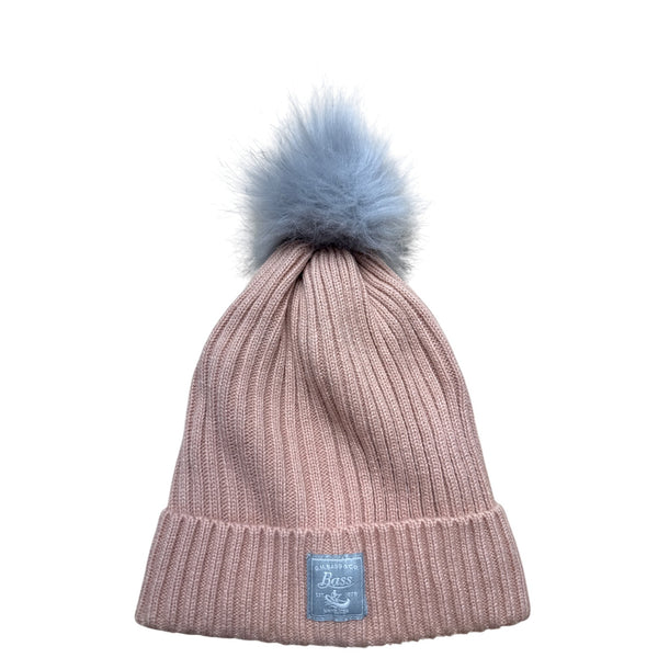 Womens Ribbed Knit Peach GH Bass and Co Beanie Hat With Faux Fur Pom One Size