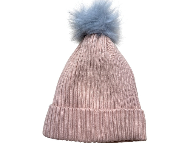 Womens Ribbed Knit Peach GH Bass and Co Beanie Hat With Faux Fur Pom One Size