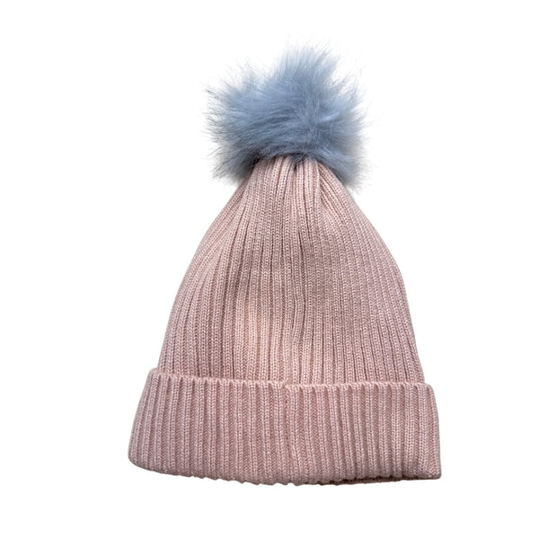 Womens Ribbed Knit Peach GH Bass and Co Beanie Hat With Faux Fur Pom One Size