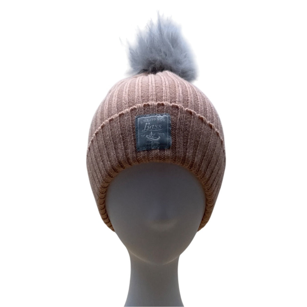 Womens Ribbed Knit Peach GH Bass and Co Beanie Hat With Faux Fur Pom One Size