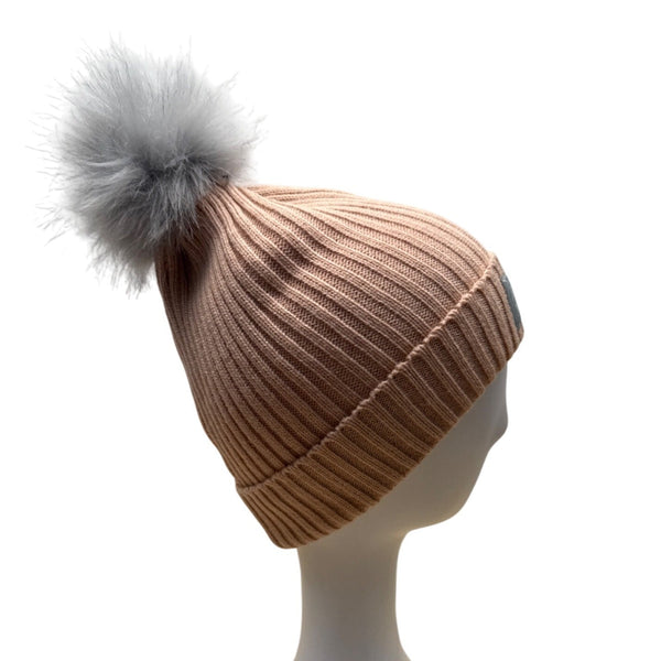 Womens Ribbed Knit Peach GH Bass and Co Beanie Hat With Faux Fur Pom One Size