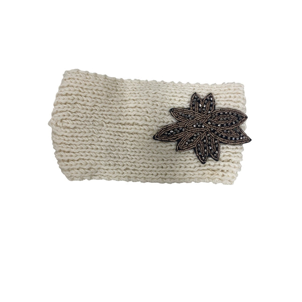 Knit Womens Cream Acrylic Headbands With Buttons & Beaded Leaf Accent One Size